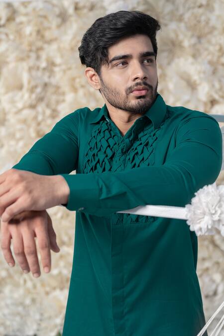 Runit Gupta_Green Pure Cotton Smocked Kurta _at_Aza_Fashions