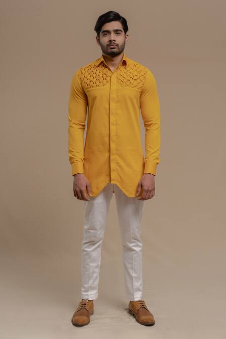 Runit Gupta_Yellow Pure Cotton Smocked Kurta _Online_at_Aza_Fashions