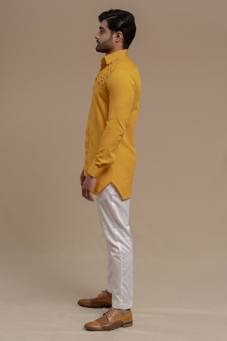 Buy_Runit Gupta_Yellow Pure Cotton Smocked Kurta _Online_at_Aza_Fashions