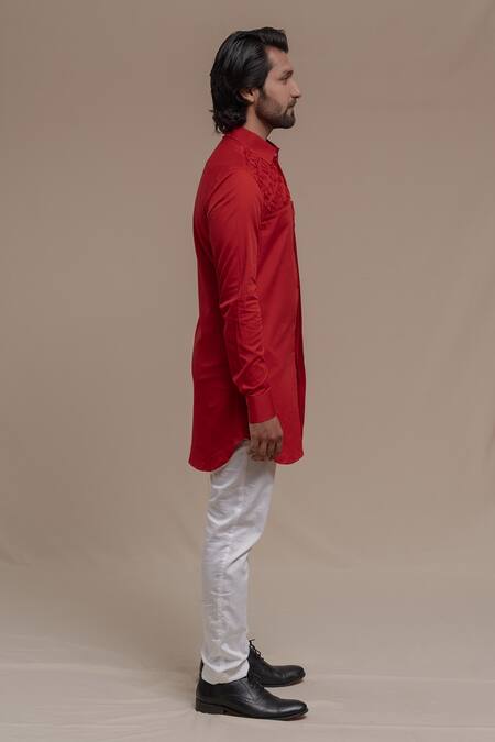 Runit Gupta_Red Pure Cotton Smocked Kurta _Online_at_Aza_Fashions