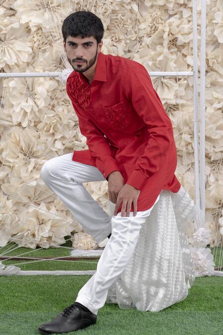 Buy_Runit Gupta_Red Pure Cotton Smocked Kurta _Online_at_Aza_Fashions
