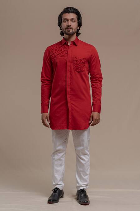 Shop_Runit Gupta_Red Pure Cotton Smocked Kurta _Online_at_Aza_Fashions