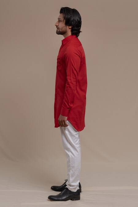 Runit Gupta_Red Pure Cotton Smocked Kurta _at_Aza_Fashions