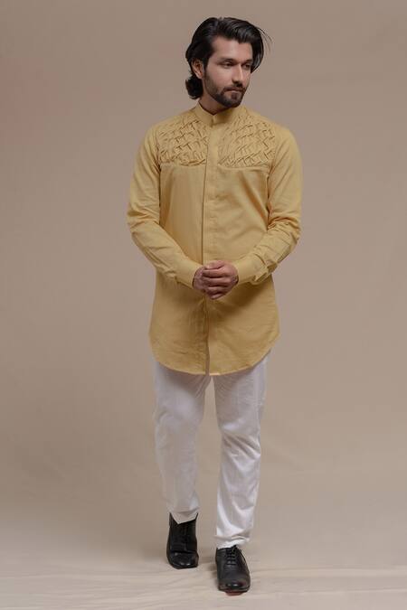 Runit Gupta_Beige Pure Cotton Smocked Kurta _Online_at_Aza_Fashions