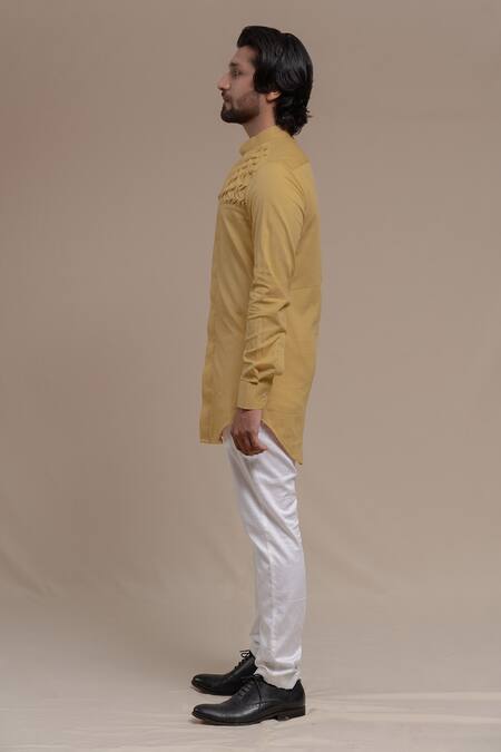 Buy_Runit Gupta_Beige Pure Cotton Smocked Kurta _Online_at_Aza_Fashions