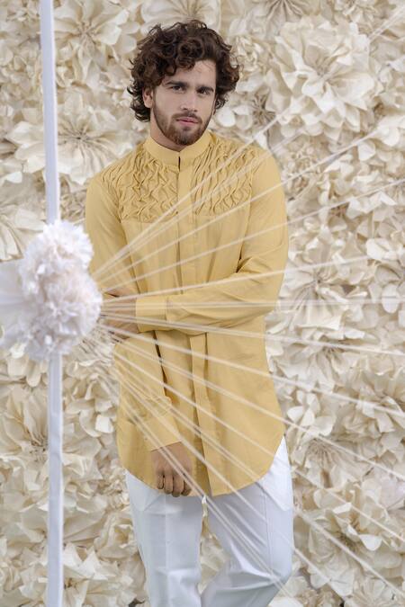 Shop_Runit Gupta_Beige Pure Cotton Smocked Kurta _Online_at_Aza_Fashions