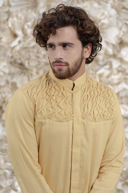 Runit Gupta_Beige Pure Cotton Smocked Kurta _at_Aza_Fashions