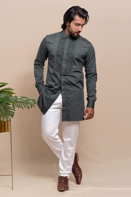 Runit Gupta Smoked Grey Cotton Kurta & Pant Set For Kids