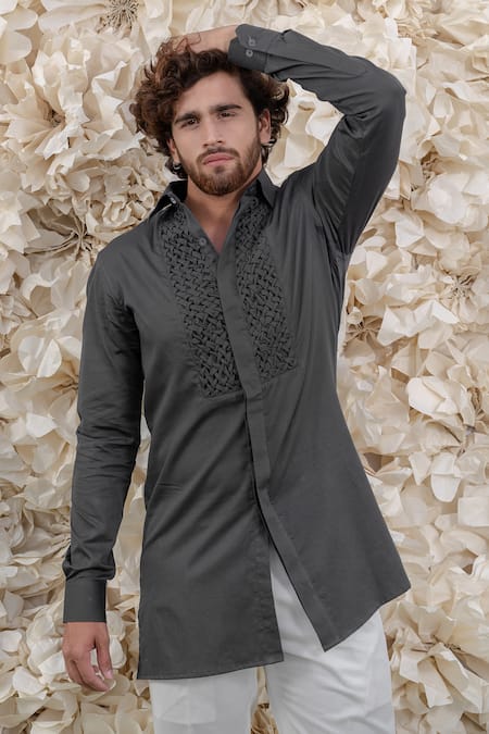 Runit Gupta_Gray Pure Cotton Smoked Grey Kurta And Pant Set For Kids_at_Aza_Fashions