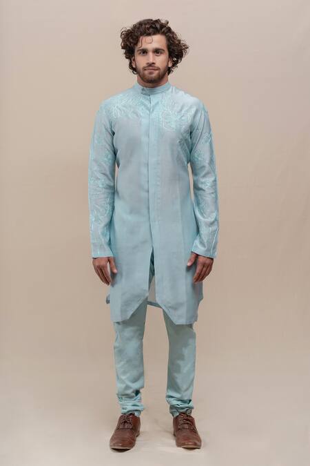 Runit Gupta_Blue Kurta Chanderi Silk Churidar Cotton Set _Online_at_Aza_Fashions