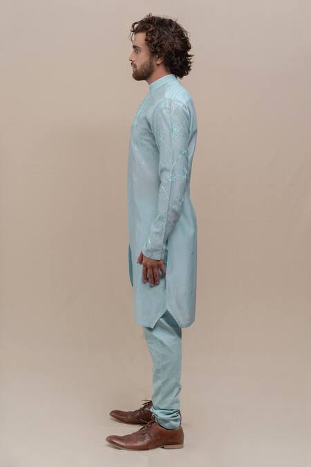 Buy_Runit Gupta_Blue Kurta Chanderi Silk Churidar Cotton Set _Online_at_Aza_Fashions