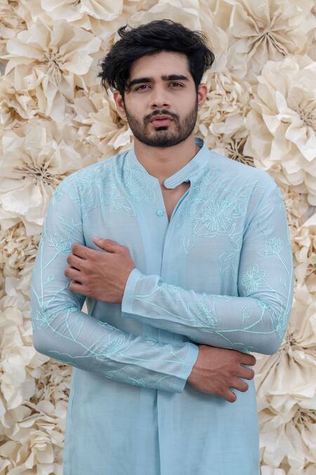 Shop_Runit Gupta_Blue Kurta Chanderi Silk Churidar Cotton Set _Online_at_Aza_Fashions