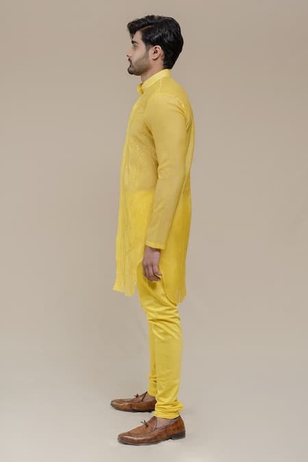 Runit Gupta_Yellow Kurta Chanderi Silk Churidar Pure Cotton Embroidered And _Online_at_Aza_Fashions