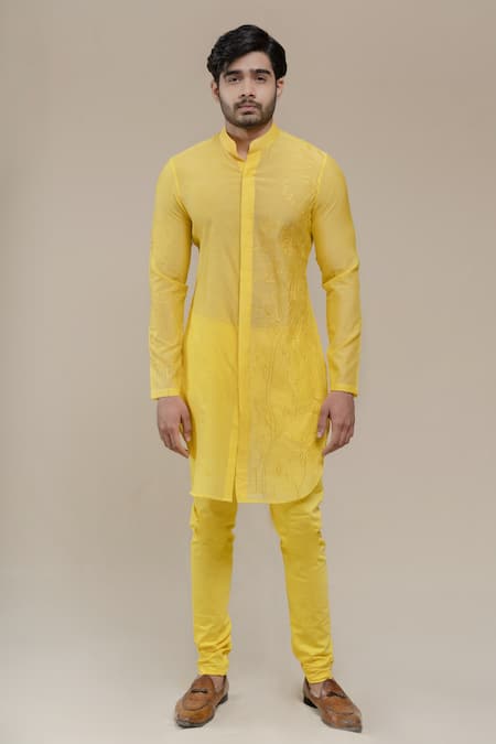 Buy_Runit Gupta_Yellow Kurta Chanderi Silk Churidar Pure Cotton Embroidered And _Online_at_Aza_Fashions