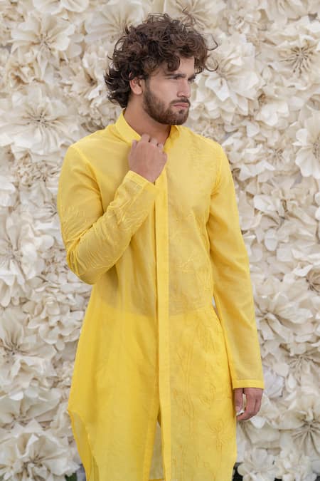 Shop_Runit Gupta_Yellow Kurta Chanderi Silk Churidar Pure Cotton Embroidered And _Online_at_Aza_Fashions