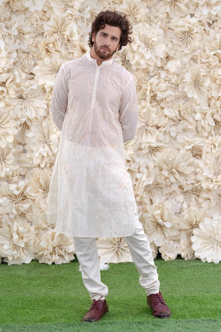 Buy White Kurta Chanderi Silk Churidar Pure Cotton Embroidered And