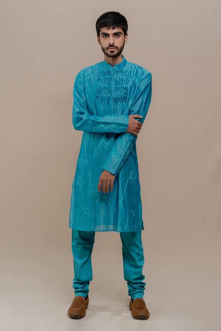 Buy_Runit Gupta_Blue Kurta Chanderi Silk Churidar Cotton Embroidered Set_Online_at_Aza_Fashions