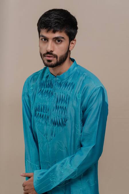 Shop_Runit Gupta_Blue Kurta Chanderi Silk Churidar Cotton Embroidered Set_Online_at_Aza_Fashions