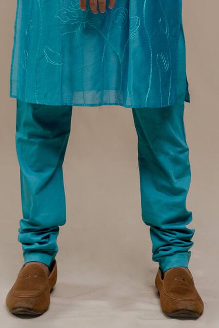 Runit Gupta_Blue Kurta Chanderi Silk Churidar Cotton Embroidered Set_at_Aza_Fashions