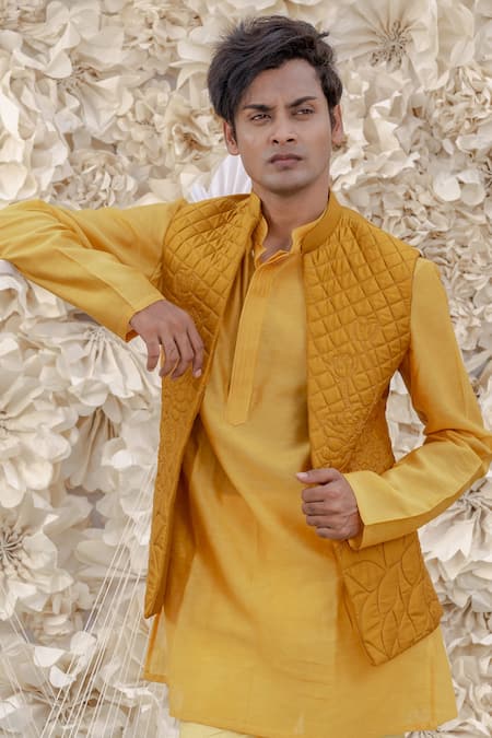 Runit Gupta_Yellow Silk Quilted Nehru Jacket_Online_at_Aza_Fashions