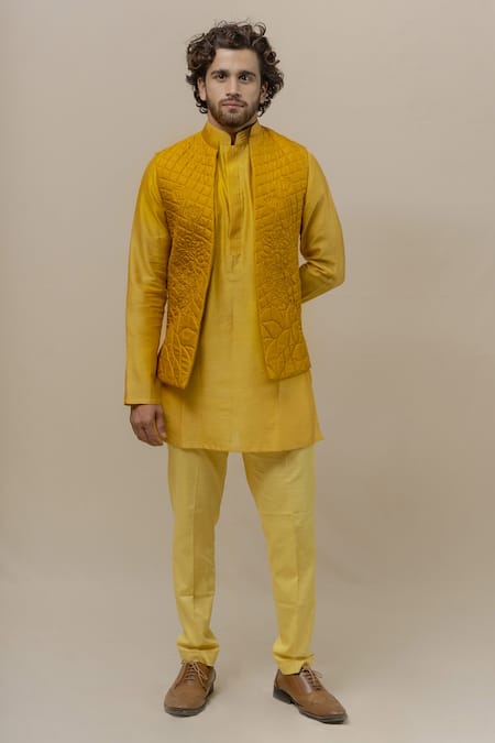 Buy_Runit Gupta_Yellow Silk Quilted Nehru Jacket_Online_at_Aza_Fashions