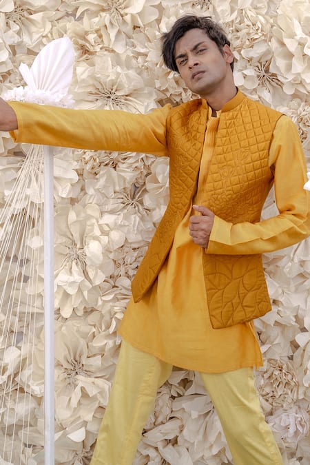 Shop_Runit Gupta_Yellow Silk Quilted Nehru Jacket_Online_at_Aza_Fashions
