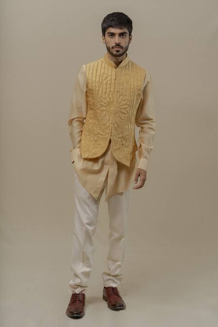 Runit Gupta Beige Pure Silk Quilted Bundi And Kurta Set For Kids Online at Aza Fashions Runit Gupta_Beige Pure Silk Quilted Bundi And Kurta Set For Kids_Online_at_Aza_Fashions