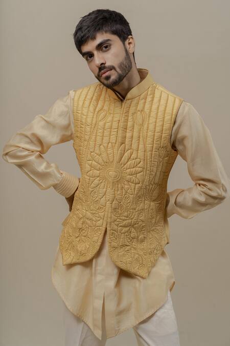 Shop Runit Gupta Beige Pure Silk Quilted Bundi And Kurta Set For Kids Online at Aza Fashions Shop_Runit Gupta_Beige Pure Silk Quilted Bundi And Kurta Set For Kids_Online_at_Aza_Fashions