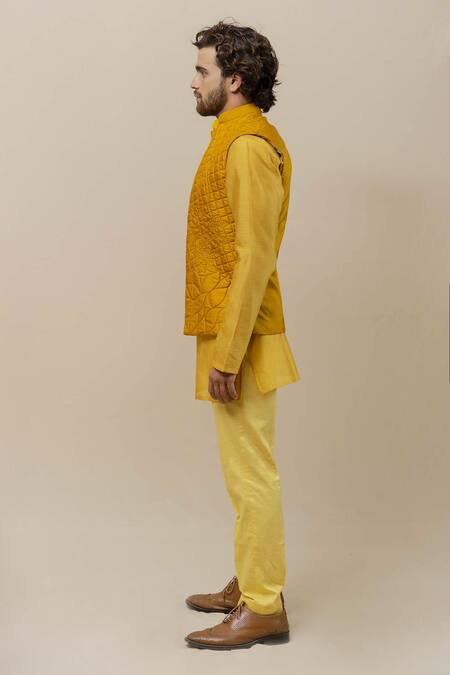 Runit Gupta_Yellow Chanderi , Cotton, Quilted Bundi And Kurta Set _Online_at_Aza_Fashions