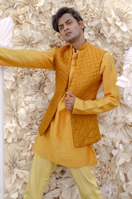 Buy_Runit Gupta_Yellow Chanderi , Cotton, Quilted Bundi And Kurta Set _Online_at_Aza_Fashions