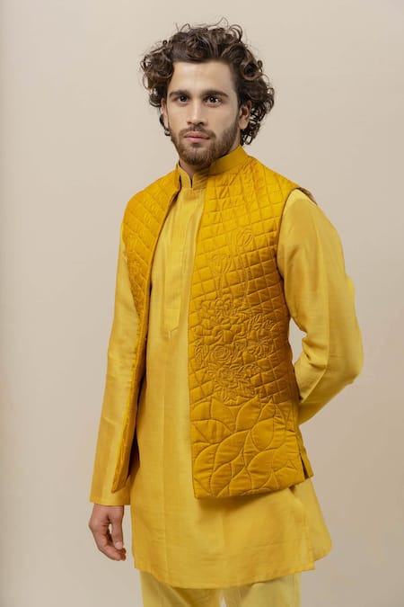 Shop_Runit Gupta_Yellow Chanderi , Cotton, Quilted Bundi And Kurta Set _Online_at_Aza_Fashions