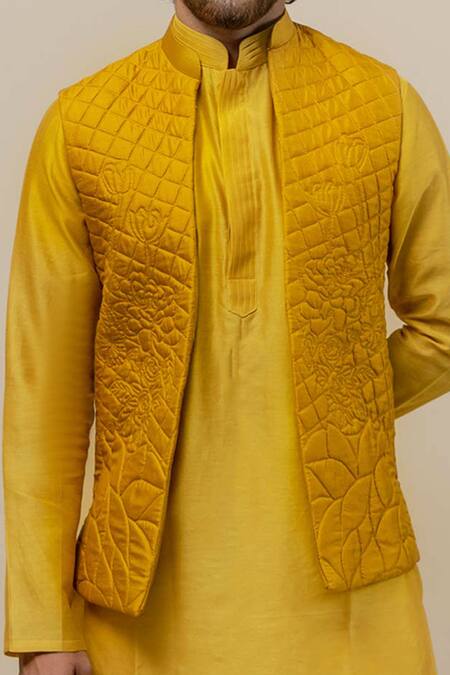 Runit Gupta_Yellow Chanderi , Cotton, Quilted Bundi And Kurta Set _at_Aza_Fashions