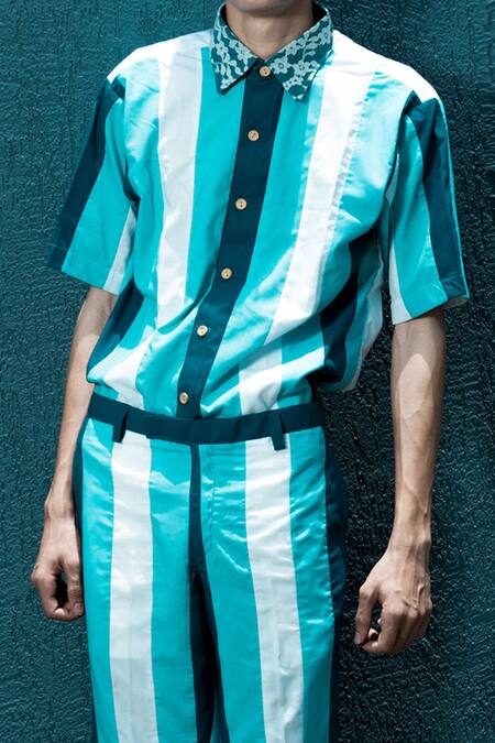Shop_Runit Gupta_Blue 100% Cotton Turquoise Striped Kurta Set_Online_at_Aza_Fashions