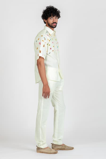 Runit Gupta_White Enzyme Washed Cotton Thread Work Pebble Shirt_Online_at_Aza_Fashions