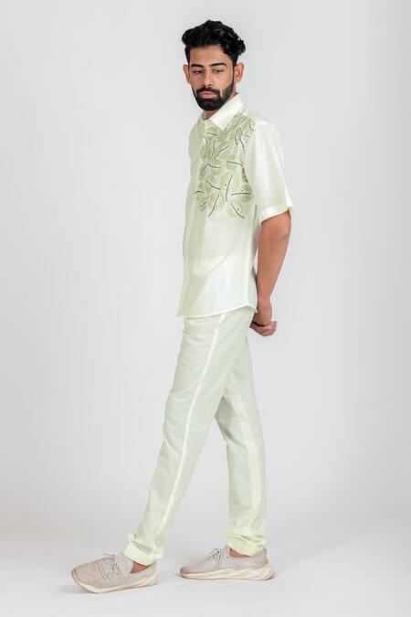 Runit Gupta_White Enzyme Washed Cotton Thread Work Monstera Leaf Embroidered Shirt_Online_at_Aza_Fashions