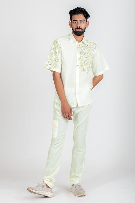 Buy_Runit Gupta_White Enzyme Washed Cotton Thread Work Monstera Leaf Embroidered Shirt_Online_at_Aza_Fashions