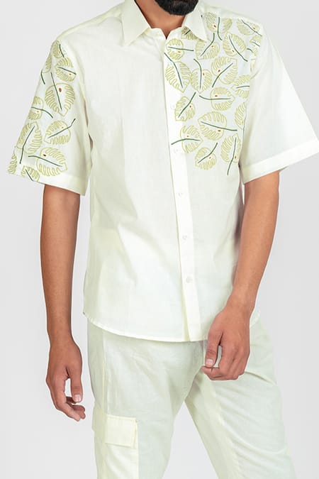 Runit Gupta_White Enzyme Washed Cotton Thread Work Monstera Leaf Embroidered Shirt_at_Aza_Fashions