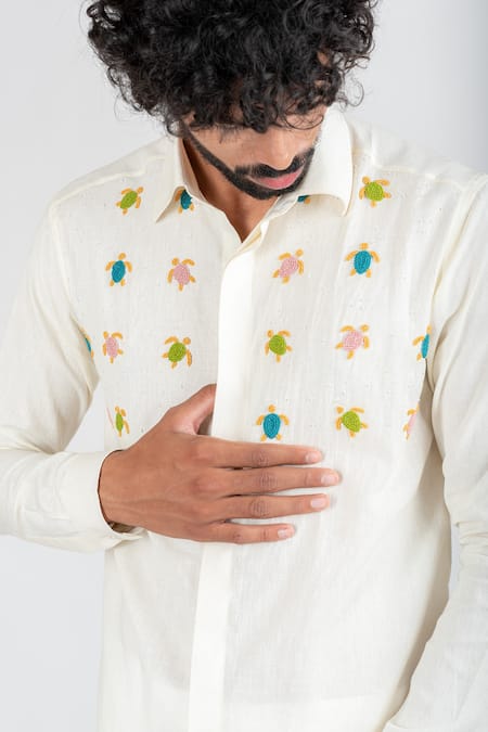 Runit Gupta_White Cotton Linen Embroidered Bead Work Shirt_at_Aza_Fashions