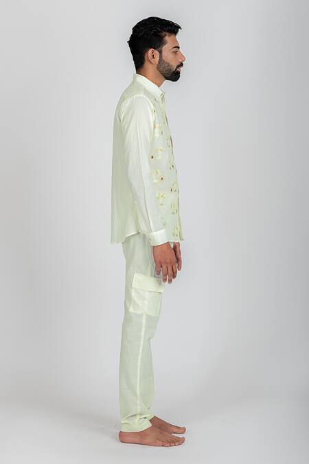 Runit Gupta_White Enzyme Washed Cotton Thread Work Island Embroidered Shirt_Online_at_Aza_Fashions
