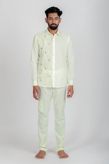 Shop_Runit Gupta_White Enzyme Washed Cotton Thread Work Island Embroidered Shirt_Online_at_Aza_Fashions