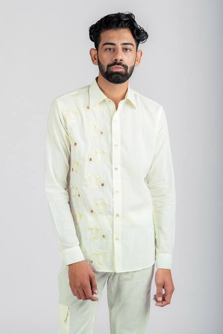 Runit Gupta_White Enzyme Washed Cotton Thread Work Island Embroidered Shirt_at_Aza_Fashions