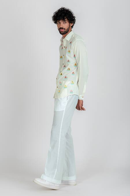 Runit Gupta_White Enzyme Washed Cotton Thread Work Sail Boat Shirt_Online_at_Aza_Fashions