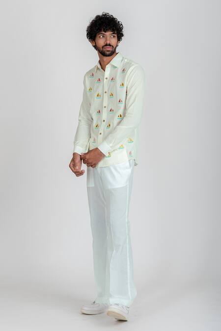 Buy_Runit Gupta_White Enzyme Washed Cotton Thread Work Sail Boat Shirt_Online_at_Aza_Fashions