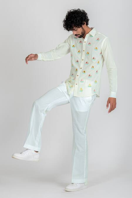 Shop_Runit Gupta_White Enzyme Washed Cotton Thread Work Sail Boat Shirt_Online_at_Aza_Fashions