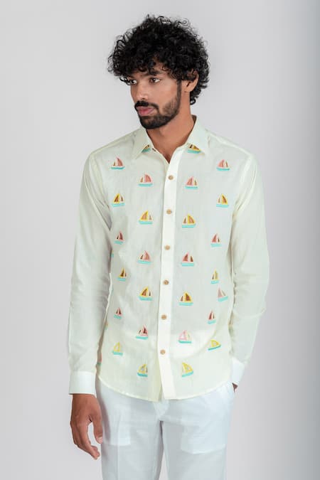 Runit Gupta_White Enzyme Washed Cotton Thread Work Sail Boat Shirt_at_Aza_Fashions