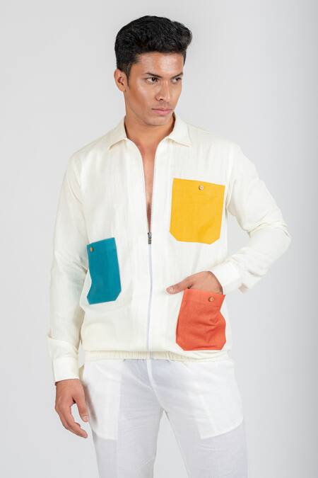 Runit Gupta_White Cotton Linen Thread Work Colourblock Shirt Style Jacket _at_Aza_Fashions