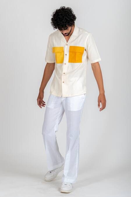 Runit Gupta White Cotton Linen Thread Work Colourblock Pocket Shirt Online at Aza Fashions Runit Gupta_White Cotton Linen Thread Work Colourblock Pocket Shirt _Online_at_Aza_Fashions