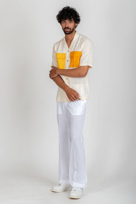 Buy Runit Gupta White Cotton Linen Thread Work Colourblock Pocket Shirt Online at Aza Fashions Buy_Runit Gupta_White Cotton Linen Thread Work Colourblock Pocket Shirt _Online_at_Aza_Fashions