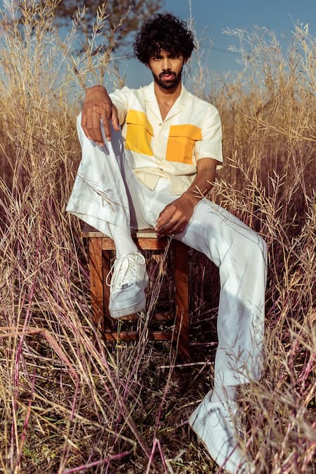 Shop Runit Gupta White Cotton Linen Thread Work Colourblock Pocket Shirt Online at Aza Fashions Shop_Runit Gupta_White Cotton Linen Thread Work Colourblock Pocket Shirt _Online_at_Aza_Fashions