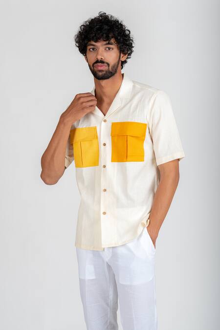 Runit Gupta White Cotton Linen Thread Work Colourblock Pocket Shirt at Aza Fashions Runit Gupta_White Cotton Linen Thread Work Colourblock Pocket Shirt _at_Aza_Fashions